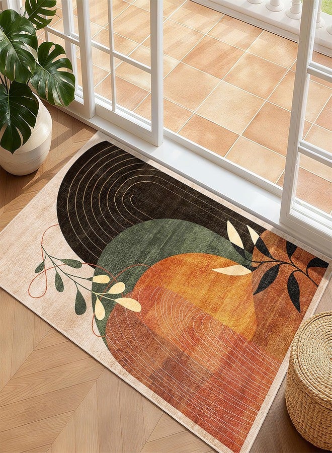 MUJOO 2x3 Washable Rug Small Area Rugs for Entryway Kitchen Bedroom,Boho Non Slip Throw Carpet for Bathroom Entrance Door Mat Mid Century Modern Abstract Botanical Geometric Accent Terracotta - Image 2